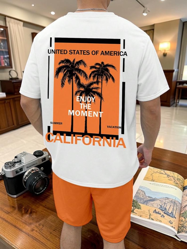 May include: White t-shirt with an orange graphic featuring palm trees and the text "Enjoy the Moment" and "California". The shirt is paired with orange shorts. A vintage camera sits on a wooden surface.