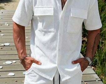 Men’s Timeless Corduroy Shirt and Shorts Set – Elegant Summer Wear
