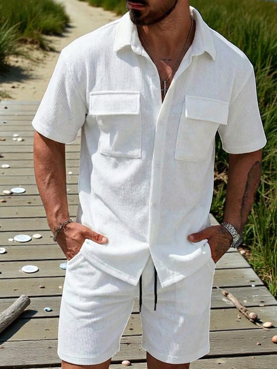 Men’s Corduroy Shirt and Shorts Set, Timeless Elegant Summer Outfit Casual Comfortable Wear