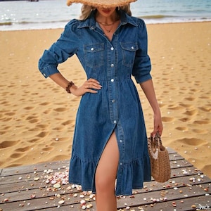 Women’s Denim Shirt Dress, Short Sleeve Slim Fit A-Line Patchwork Pocket Elegant Summer Outfit