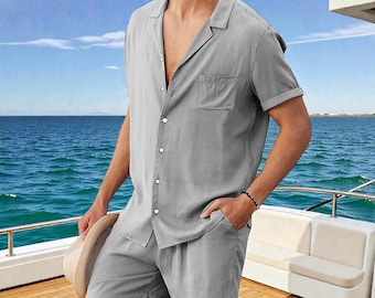 Men Linen Shirt and Shorts Set, Casual Summer Outfit