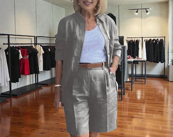 Cotton Linen Two-Piece Set Women Short Sleeve Top Elastic Waist Shorts Summer Casual Outfit