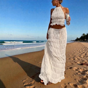 Completo due pezzi boho senza schienale, canotta con scollo all'americana e gonna lunga