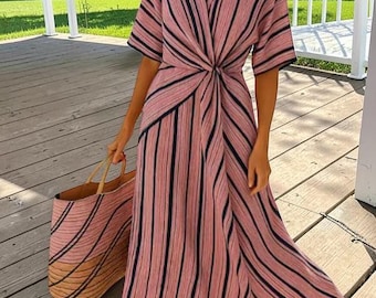 Striped Boho Maxi Dress, V-Neck Loose Fit Summer Beach Outfit Women’s Vacation Dress