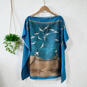 Women Satin Print Blouse, Batwing Sleeve Vintage Top