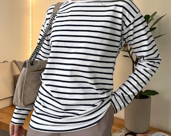 Women Striped Long Sleeve T-Shirt, Casual Cotton Tee