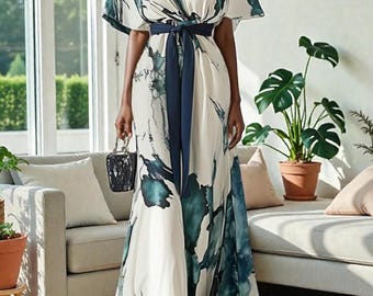 Watercolor Print Maxi Dress Women V-Neck Lace-Up Waist Summer Beach Vacation Dress