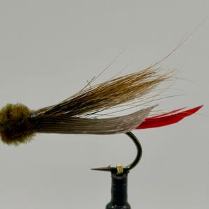 May include: A fishing fly with a black hook and a body made of brown and grey materials. The fly has a fluffy, olive-coloured head and a tail with two red feathers. The fly is designed to mimic an insect.