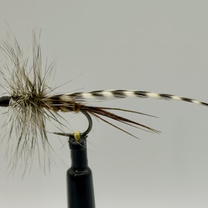 May include: A close-up of a dry fly fishing lure. The fly has a black head, a body of tan and brown materials, and a tail of black and white striped feathers. The hook is black and mounted on a black stand.