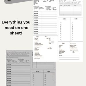 May include: A printable, all-in-one brain sheet for couples, featuring a report sheet, checklist, and assessment. The design includes sections for mom and baby, with checkboxes and space for notes. The text reads "Instant Download!"