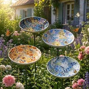 May include: Four circular garden stakes featuring shallow bowls with colorful floral patterns in shades of blue, yellow, and orange. Each bowl is mounted on a thin metal rod, positioned among blooming garden flowers with butterflies flying nearby.