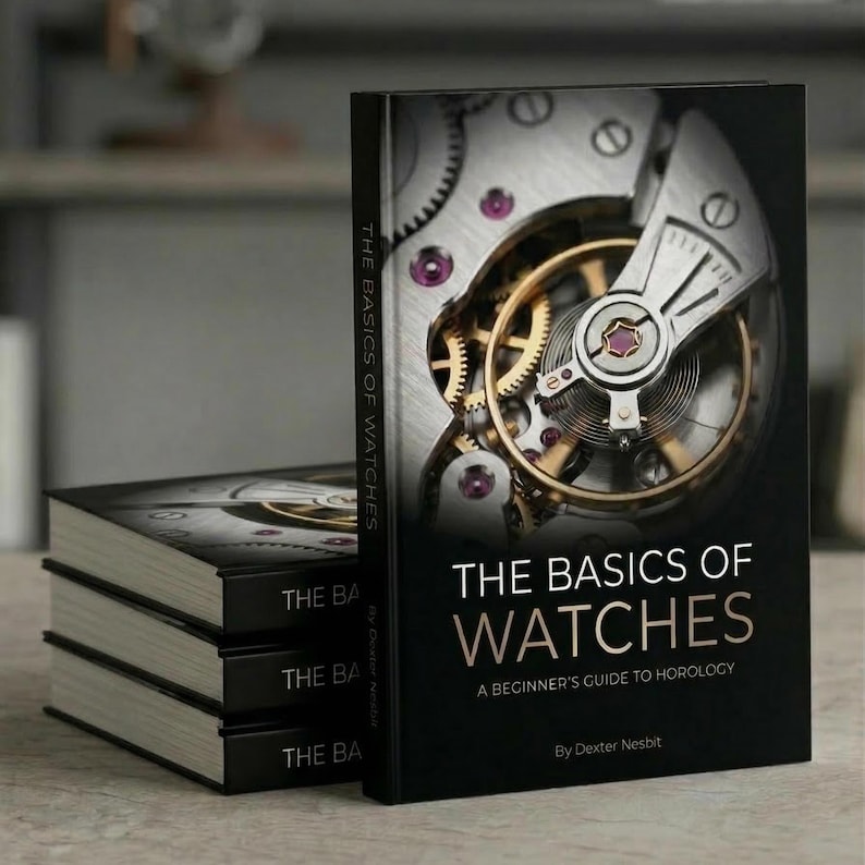 May include: A stack of books titled "The Basics of Watches" with a black cover. The cover features a close-up image of watch gears and the text "A Beginner's Guide to Horology" and the author's name.