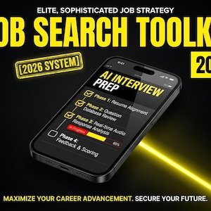 Puede incluir: Un smartphone muestra una aplicación "AI INTERVIEW PREP" con un tema de kit de herramientas de búsqueda de empleo. La aplicación muestra barras de progreso y fases para la alineación del currículum, la revisión de la base de datos de preguntas, el análisis de respuestas de audio en tiempo real y la retroalimentación. El texto dice "JOB SEARCH TOOLKIT 2026."