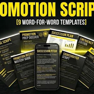 May include: Image of a promotional graphic with the text "PROMOTION SCRIPTS" in yellow. The graphic includes a smartphone displaying text and several documents with titles like "Raise Script" and "Succession Plan".