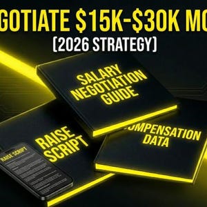 Può includere: Immagine promozionale con sfondo nero e accenti neon gialli. Il testo principale recita "NEGOZIA $15K-$30K IN PIÙ (STRATEGIA 2026)". Tre libri neri con testo giallo: "GUIDA ALLA NEGOZIAZIONE DELLO STIPENDIO", "SCRIPT DI AUMENTO" e "DATI SULLA RETRIBUZIONE". Uno smartphone mostra "SCRIPT DI AUMENTO".