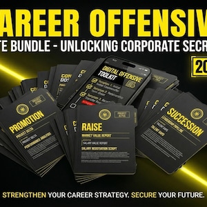 Può includere: Annuncio pubblicitario per un pacchetto di sviluppo della carriera. L'immagine presenta uno smartphone che mostra un "Digital Offensive Toolkit" e diverse carte nere con le etichette "Promotion", "Raise" e "Succession". Il testo recita "Career Offensive" e "Elite Bundle - Unlocking Corporate Secrets."