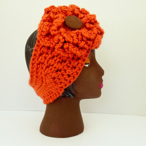 Pumpkin Orange Headband, Soft Headband with Large Ruffle Flower Attached