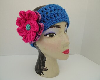 Blue Headband with 2 Interchangeable Flowers, Pinks & Purple