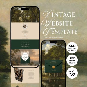 Peut inclure: Deux smartphones affichant un modèle de site web de mariage avec un thème de couleur vert foncé et crème, incluant des images de paysage, un formulaire RSVP, des mises en page de bandes photo et le texte Vintage Website Template et 240+ Wedding Elements.