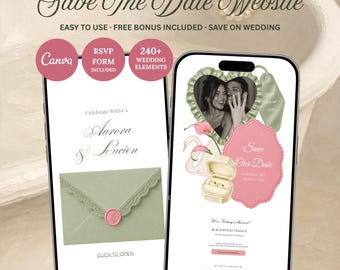 Sage Green & Pink Save The Date Website Template | Lace Wedding Invitation with Rsvp | Instant Download
