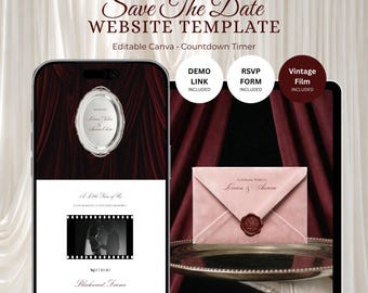 Save-the-Date-Website in Pink und Burgunderrot | Filmische Hochzeitsvorlage (Canva) mit RSVP-Funktion (Digitaler Download)