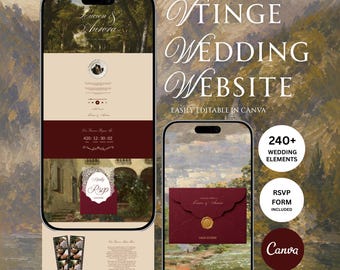 May include: Two smartphones displaying a digital wedding website template with a vintage aesthetic. The screens show a dark red and cream color palette, elegant typography, a countdown timer, a photo strip, and a digital envelope with a wax seal.