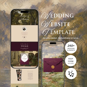 Puede incluir: Una plantilla de sitio web de bodas digital mostrada en dos teléfonos inteligentes, con una paleta de colores burdeos oscuro y crema, tipografía serif elegante, un temporizador de cuenta regresiva, un formulario RSVP y un sobre con sello de cera.