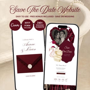 Könnte beinhalten: Zwei Smartphones zeigen eine Save-The-Date-Website-Vorlage mit burgunderroten Akzenten. Die Bildschirme zeigen ein Paarfoto in einem Herzrahmen, eine Ringschatulle mit goldenen Ringen, einen versiegelten Umschlag und einen Countdown für ein Hochzeitsereignis.