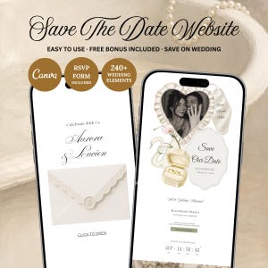 Könnte beinhalten: Zwei Smartphones zeigen eine digitale Hochzeits-Website-Vorlage. Die Bildschirme zeigen elegante Typografie, ein Schwarz-Weiß-Foto eines Paares in einem Herzrahmen, eine goldene Ringschatulle und eine Briefumschlag-Grafik mit Wachssiegel.