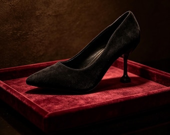 Customized insoles，Black Suede Kitten Heel Pumps, Pointed Toe Elegant Work Shoes, Comfortable Formal Heels for Everyday  Events