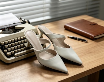 Customized insoles，White Pointed Toe Mules with Sculptural Heel, Minimalist Leather Slide Sandals, Elegant Wedding  Office Heels