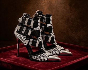 Plantillas personalizadas, tacones de aguja con hebilla de pedrería negra, zapatos de salón metálicos de punta, calzado moderno para fiestas y eventos nocturnos, calzado llamativo para invitadas de boda.