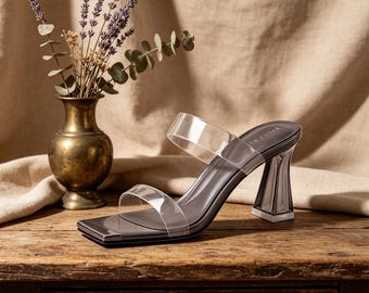 Customized insoles，Clear PVC Square Toe Mules, Transparent Flared Heel Sandals, Modern Statement Slip-On Heels for Parties  Photoshoots
