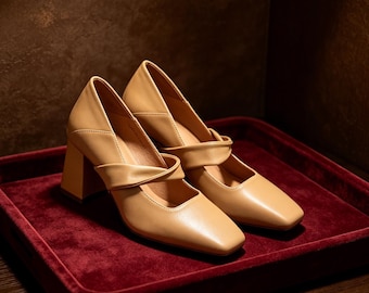 Customized insoles，Nude Leather Mary Jane Block Heels, Square Toe Pumps, Comfortable Work & Wedding Guest Shoes for Women