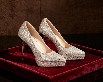 Customized insoles，Silver Glitter Platform Stiletto Heels - Bridal Wedding Shoes, Sparkly Evening Pumps for Prom  Parties