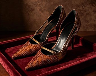 Op maat gemaakte inlegzolen: bruine Mary Jane-hakken met slangenleer, pumps met spitse neus en gouden gesp, elegante stiletto's voor op kantoor