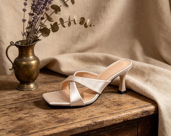 Customized insoles，Champagne Satin Cross-Strap Heeled Mules - Square Toe, Kitten Heel Bridal & Party Sandals for Women