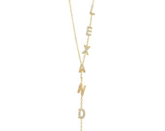 Lariat Pave Name Necklace- personalized pavé name necklace, CZ diamond name jewelry, 14K gold vermeil, sterling silver