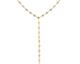 Lariat Bezel Necklace- CZ bezel lariat necklace, 14K gold vermeil, .925 sterling silver, minimalist jewelry