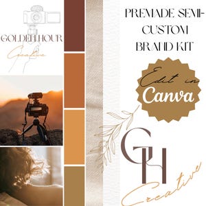 May include: A premade semi-custom brand kit featuring a colour palette of brown, terracotta, and tan. The design includes a line art camera icon, a photograph of a camera on a tripod at sunset, a silhouette of hair, and the text Edit in Canva.