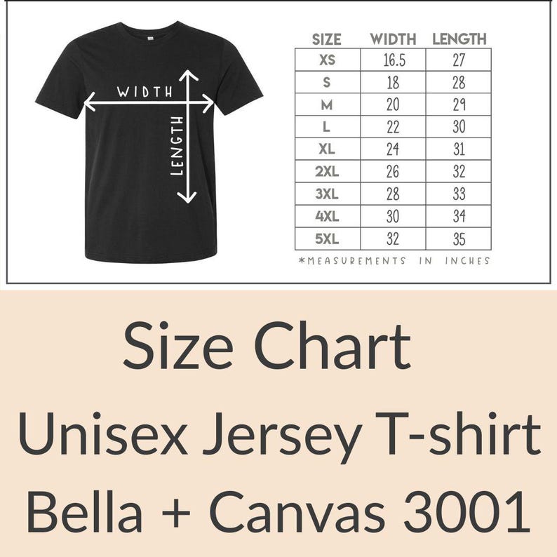 May include: Black Unisex Jersey T-shirt with a size chart. The chart lists measurements in inches for sizes XS to 5XL. The shirt is a Bella + Canvas 3001 model.