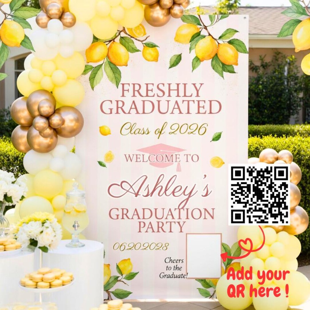 Personalized Lemon Graduation Backdrop, Custom QR Code Sign, Pink and ...