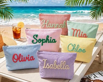 Custom Seersucker Travel Makeup Bag,Vacation Travel Pouch,Embroidered Chenille Name Beach Pouch,Striped Vacation Case,Beach Toiletry Bag
