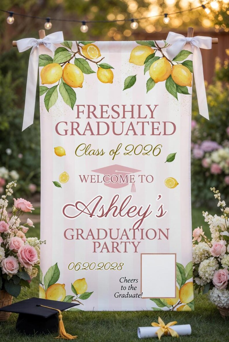 Personalized Lemon Graduation Backdrop, Custom QR Code Sign, Pink and ...