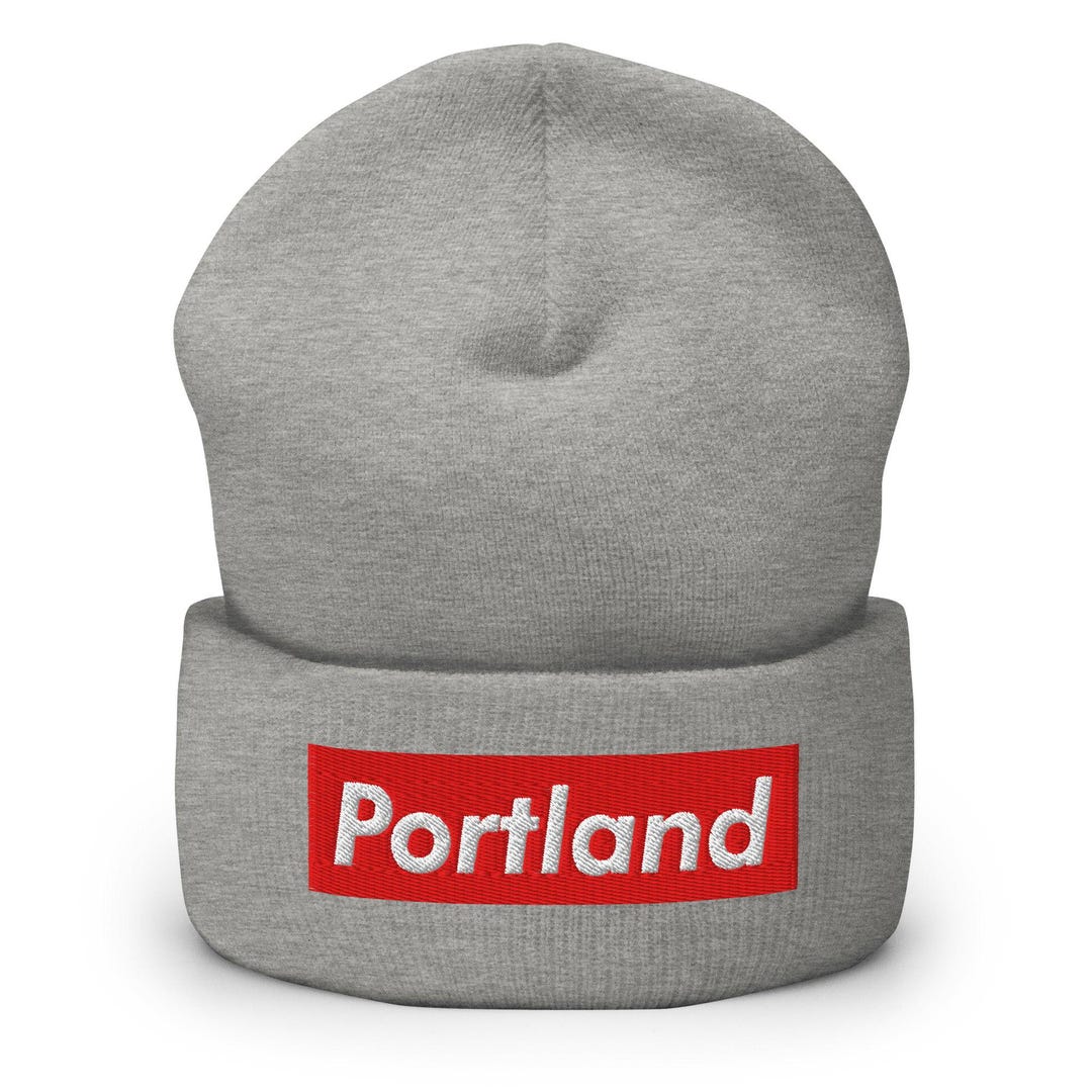 Portland Block Logo Cuffed Beanie – Grey Knit Winter Hat, Minimalist ...