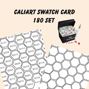 May include: Image of a Caliart Swatch Card 180 Set. The image shows a black box filled with colorful brush markers, a white brush marker, and two swatch cards with a honeycomb pattern. The text "CALIART SWATCH CARD 180 SET" is at the top.