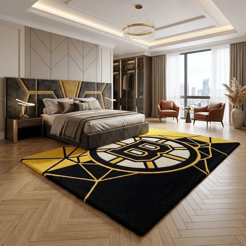 Handmade Tufted Boston Bruins Area Rug, Black Yellow Hockey Fan Decor ...
