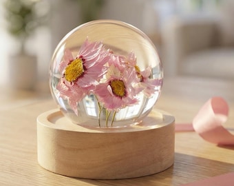 Rhodanthe Resin Flower Ball Night Light, Pink Everlasting Daisy, Personalized Real Flower Sphere, Custom Engraved Romantic Gift, Home Decor