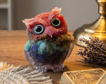 Mini Crystal Owl Figurine, Handmade Resin Owl Decor, Colorful Small Statue, Witchy Desk Decor, Cute Owl Gift, Spiritual Home Accent