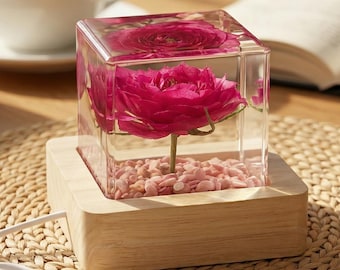 Personalized Resin Rose Night Light, Preserved Rose in Resin Cube,Custom Engraved Wood Base,Romantic Gift for Her, Anniversary Birthday Gift